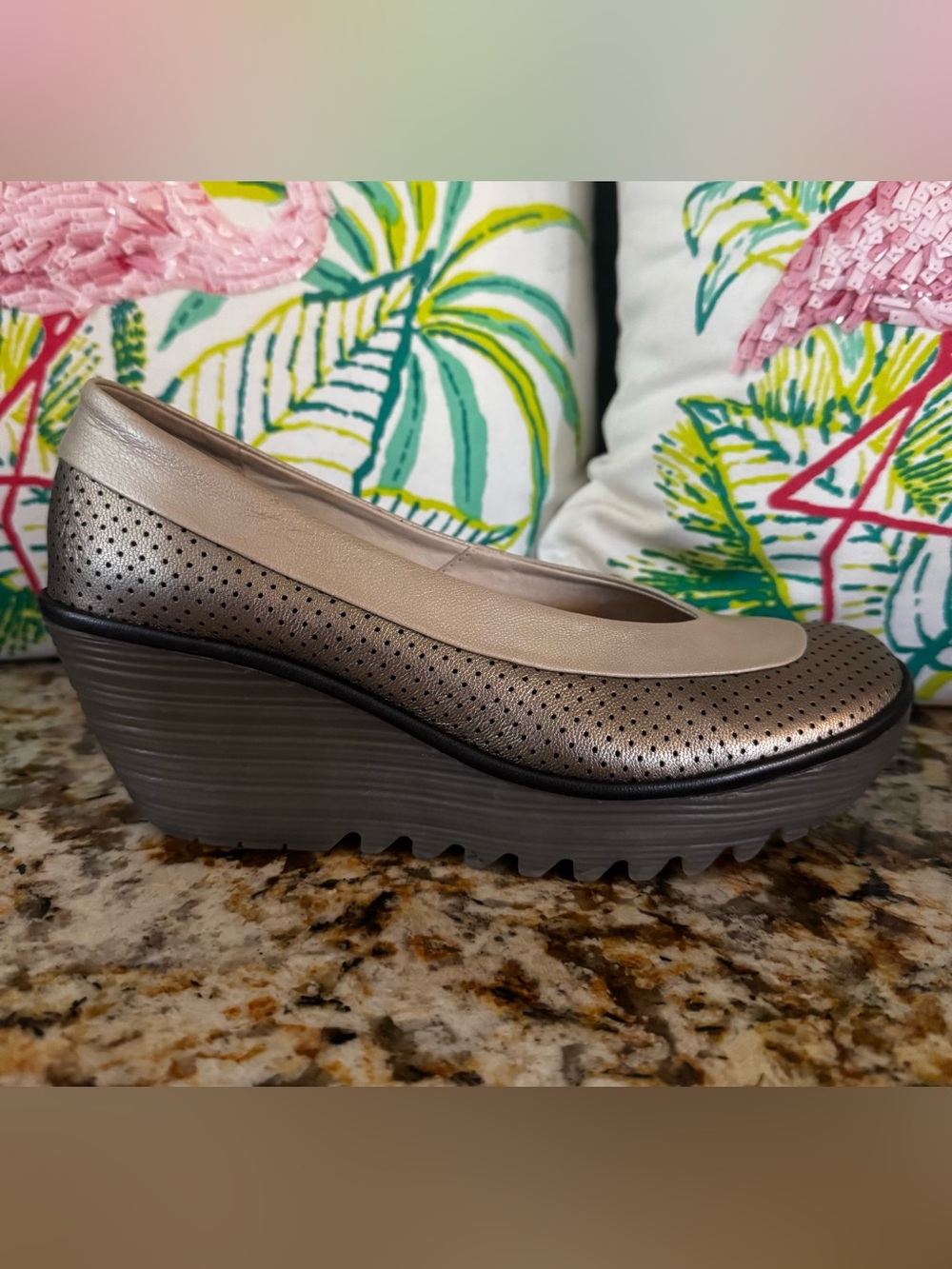 Fly London Yoko perforated leather Womens Slip On Comfort Wedge Shoes